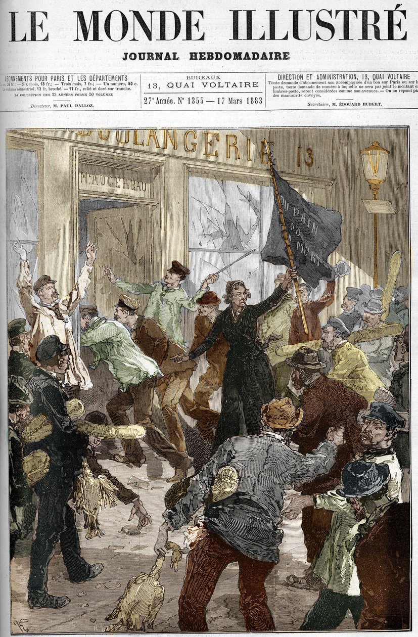 Louise Michel (1833-1905), francuska rewolucjonistka, machająca czarną flagą z napisem „chleb albo śmierć” podczas grabieży piekarni podczas demonstracji robotniczej 9 marca 1883 r. w Paryżu. autorstwa Unknown artist