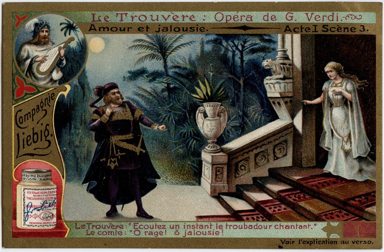 Miłość i zazdrość Akt I Scena 3. Ilustracja do opery „Znalezisko” (Truvatore) Giuseppe Verdiego (1813-1901). Chromolitografia (Chromo) Liebig z końca XIX wieku. autorstwa Unknown artist