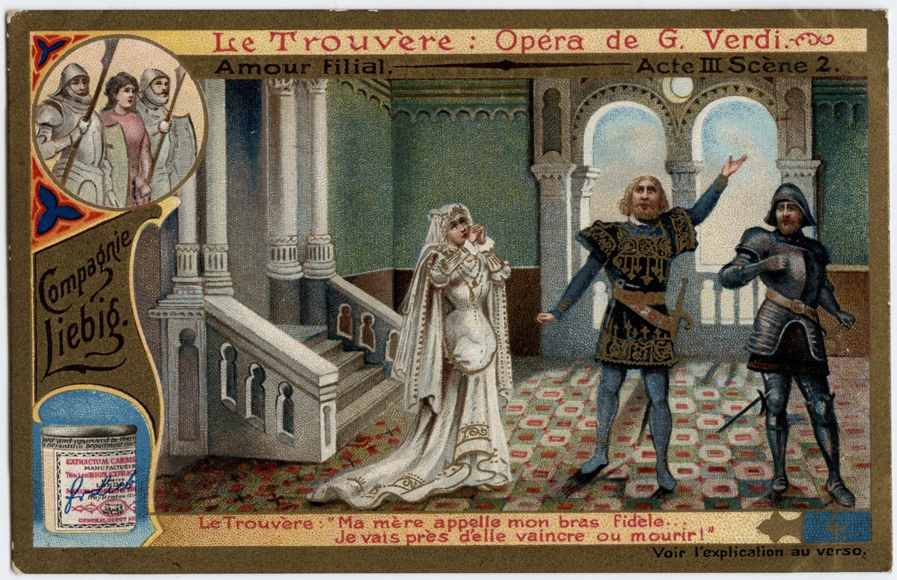 Akt miłosny akt III scena 2.Ilustracja do opery „Znaleziony” (Truvatore) Giuseppe Verdiego (1813-1901). Chromolitografia (Chromo) Liebig z końca XIX wieku. autorstwa Unknown artist