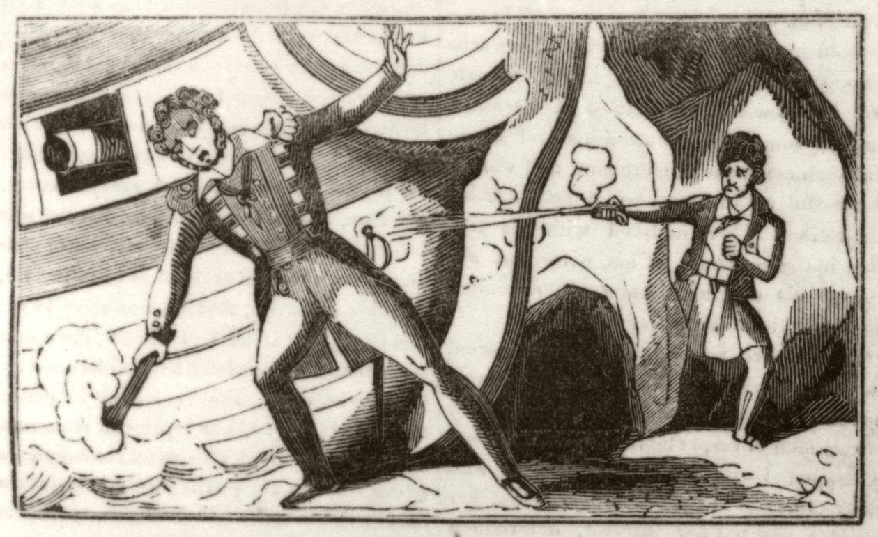 Lowther strzelający do angielskiego kapitana, gdy ten ostrzeliwał swój statek", ok. 1836 r. autorstwa Unknown artist