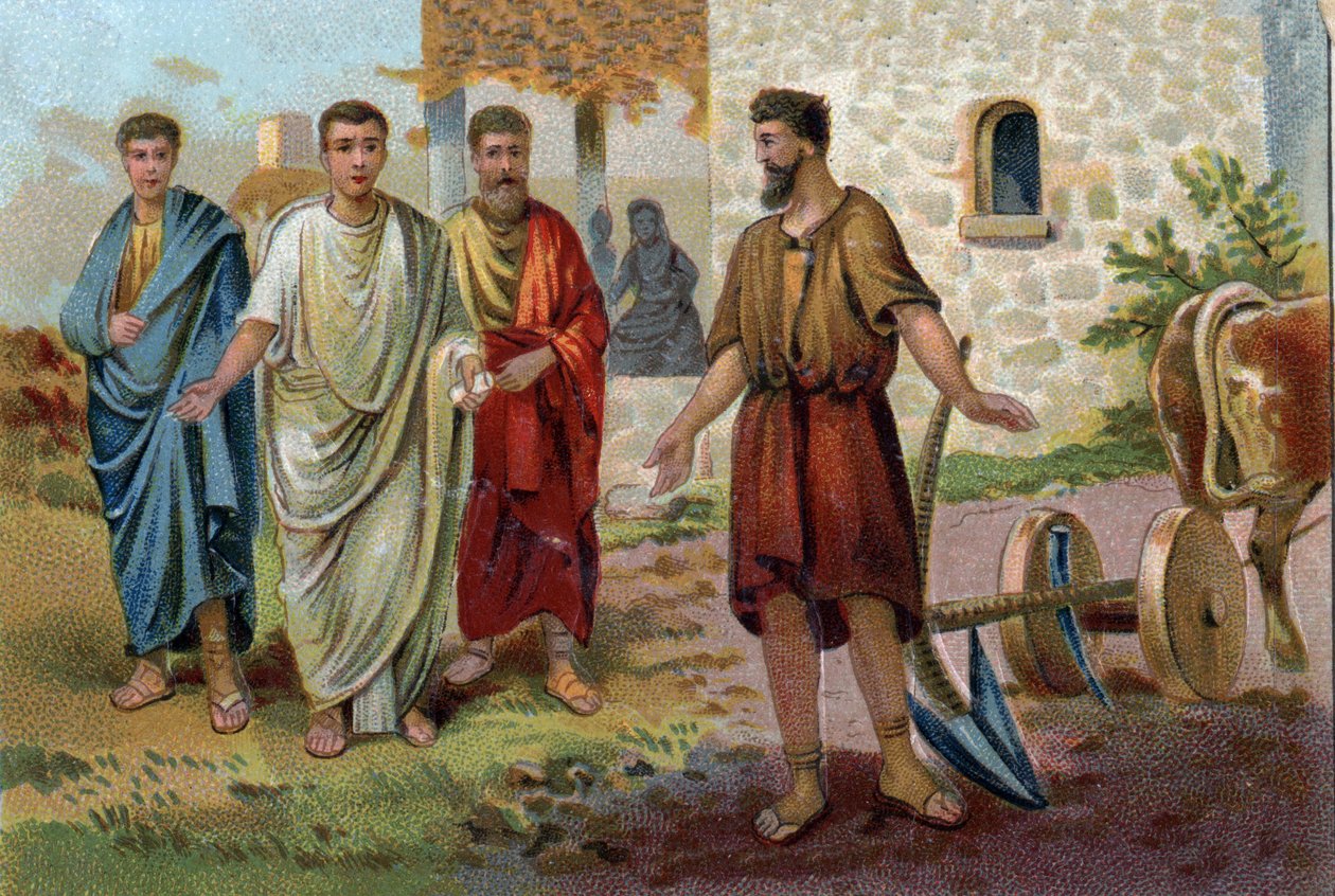 Lucjusz Quinctius Cincinnatus (v.520/v.430 pne), konsul rzymski, zaangażował się w zadania rolnicze, gdy senatorowie (Senat Cesarstwa Rzymskiego) zaczęli błagać go o przyjęcie najwyższego dowództwa i objęcie funkcji dyktatora Rzymu w 458 pne. Chromolitogra autorstwa Unknown artist
