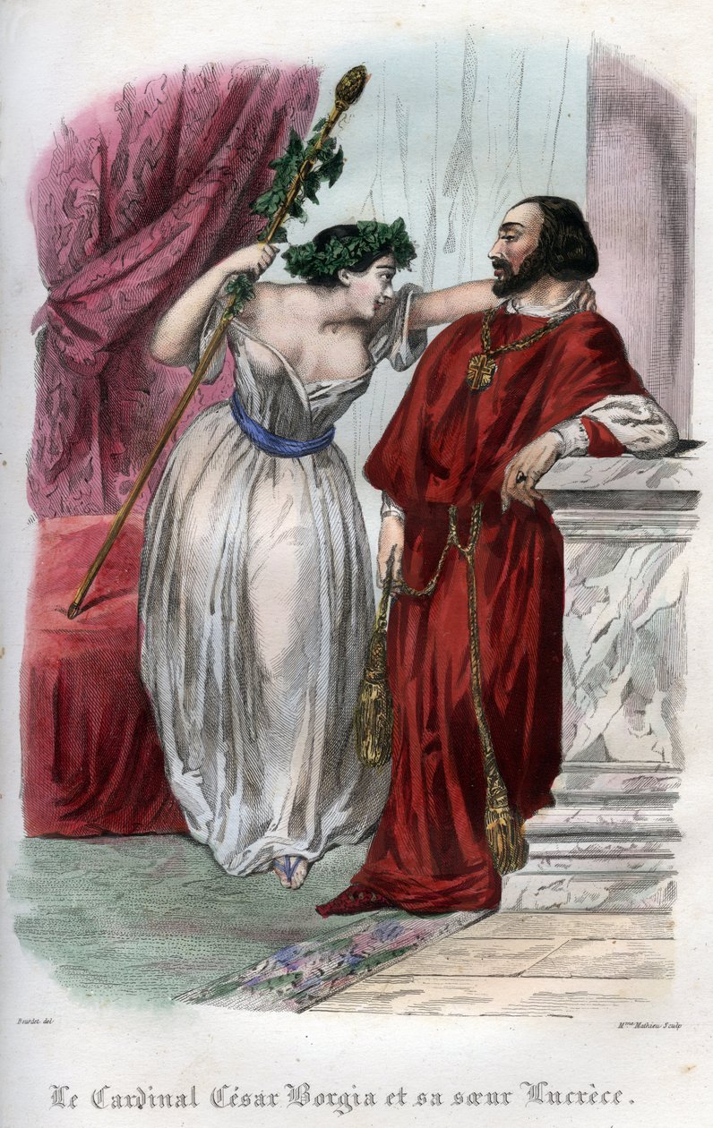 Lucrece Borgia (1480-1519) z bratem Cesarem Borgią. (Lukrecja i Cesare Borgia). Rycina z 1842 roku w „Histoire des Popes: zbrodnie, morderstwa, zatrucia, ojcobójstwa, cudzołóstwa, kazirodztwo... Maurice Lachatre. Prywatna kolekcja. autorstwa Unknown artist
