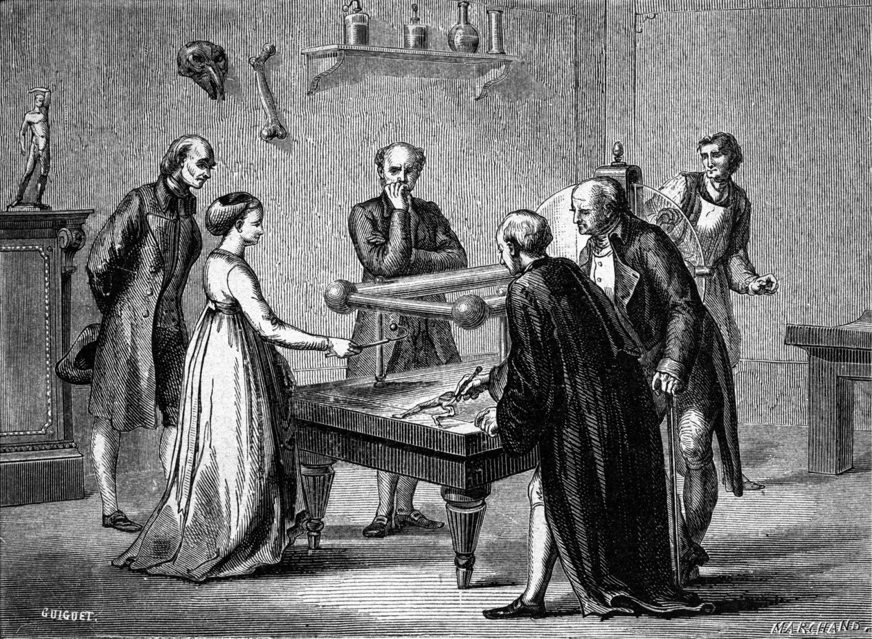Luigi Galvani, profesor w Bolonii, odkrył w 1780 drażliwość mięśni żaby pod wpływem elektryczności. Rycina XIX wieku. autorstwa Unknown artist