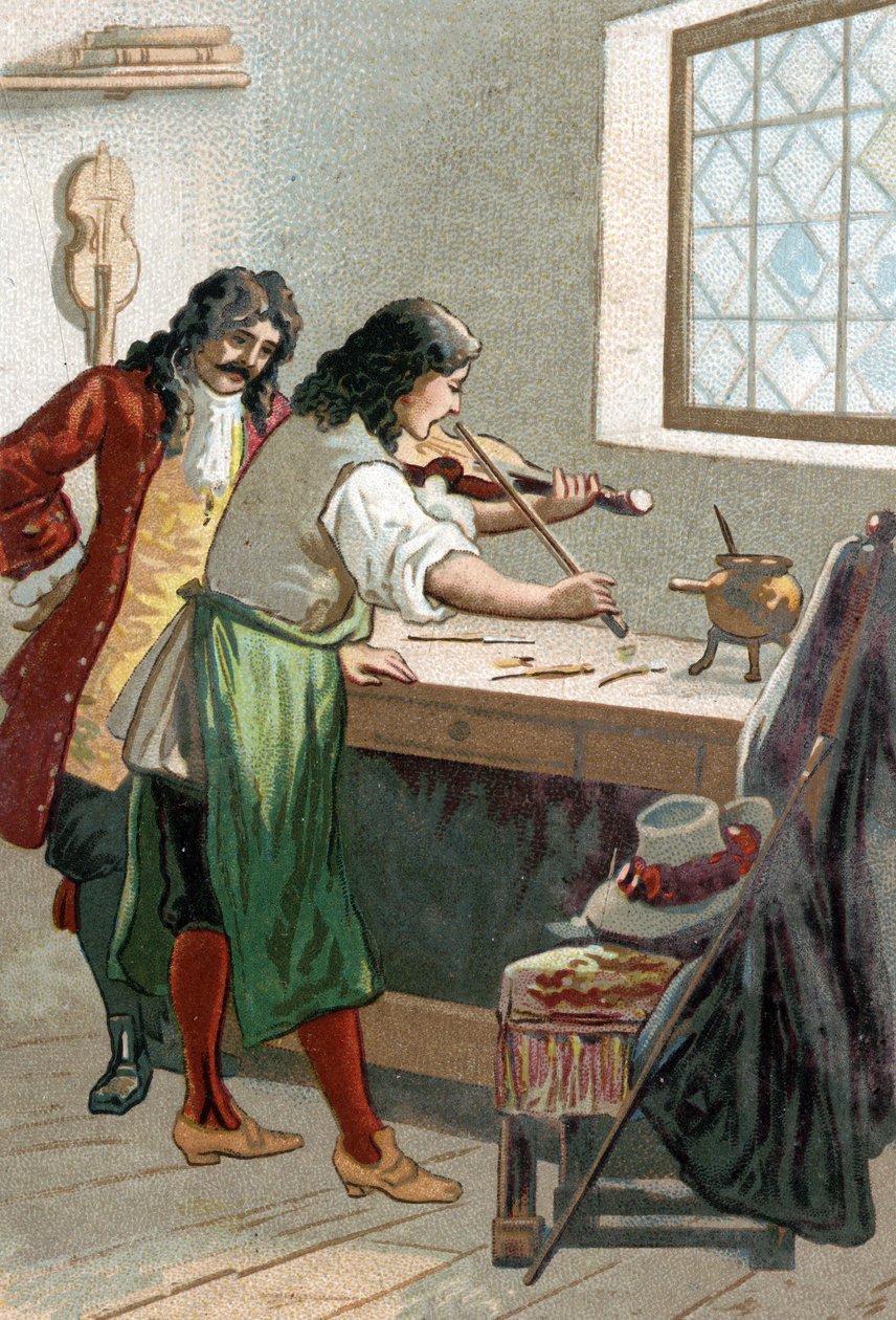 Luther Stradivarius (Antonio Stradivari) (1644-1737) w swoim warsztacie. Chromolitografia XIX wieku autorstwa Unknown artist