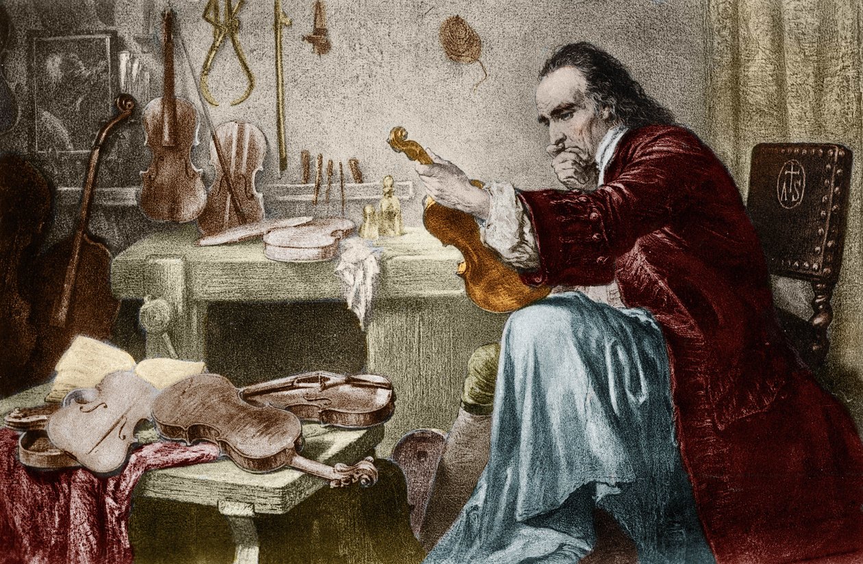 Luther Stradivarius (Antonio Stradivari) (1644-1737) w swoim warsztacie. Grawerowanie autorstwa Hammanna. Projektant skrzypiec Antonio Stradivari (Strodivarius) w pracy. autorstwa Unknown artist