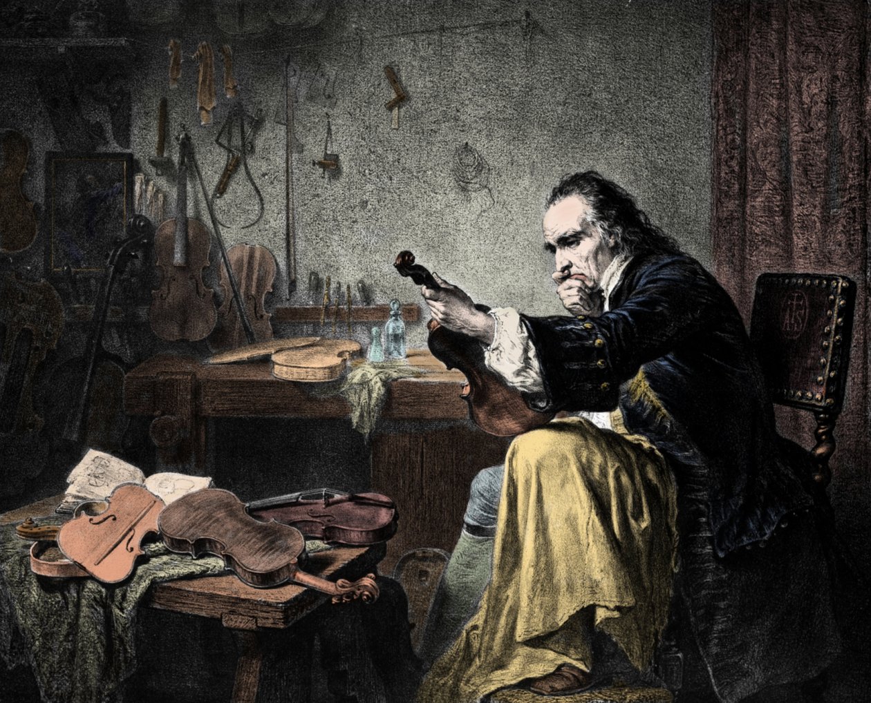 Luther Stradivarius (Antonio Stradivari) (1644-1737) w swoim warsztacie. Grawerowanie autorstwa Hammanna. Projektant skrzypiec Antonio Stradivari (Strodivarius) w pracy. autorstwa Unknown artist