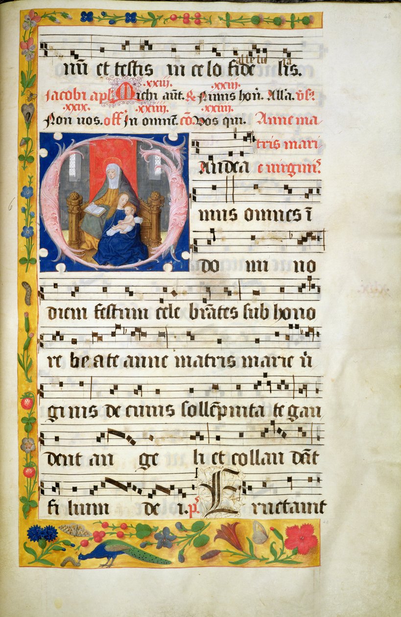 MS.McC.57. f.48r Św. Anna na tronie, czytająca, Dziewica z Dzieciątkiem siedzącym przed nią, inicjał z antyfony, koniec XV w. autorstwa Unknown artist
