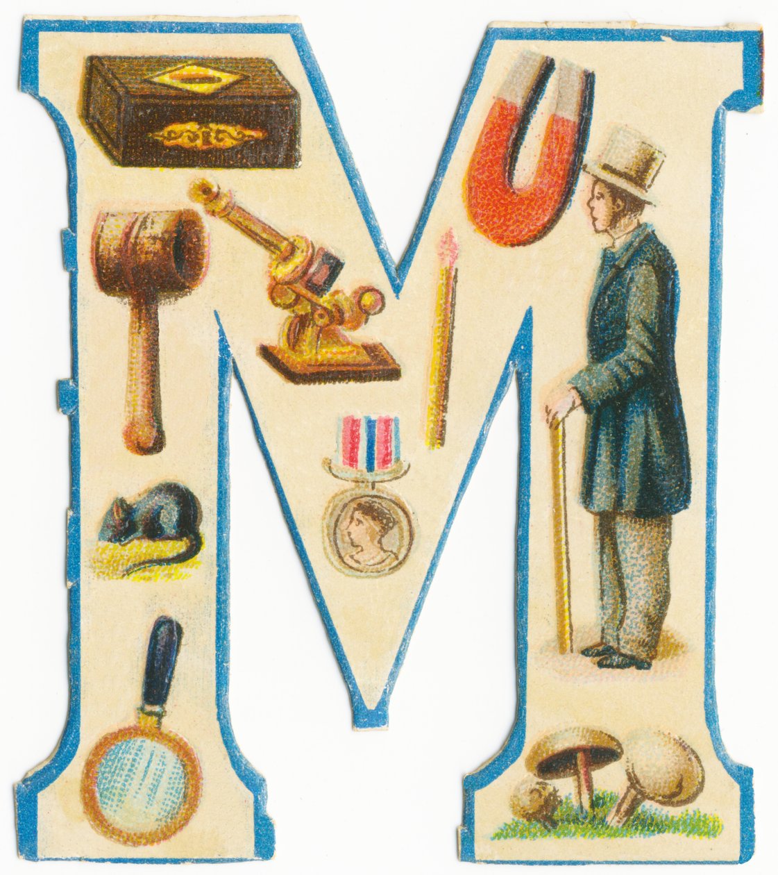 M: zapałki, magnes, młotek, mikroskop, mysz, medal, mężczyzna, lupa, grzyby (kolor lito) autorstwa Unknown artist
