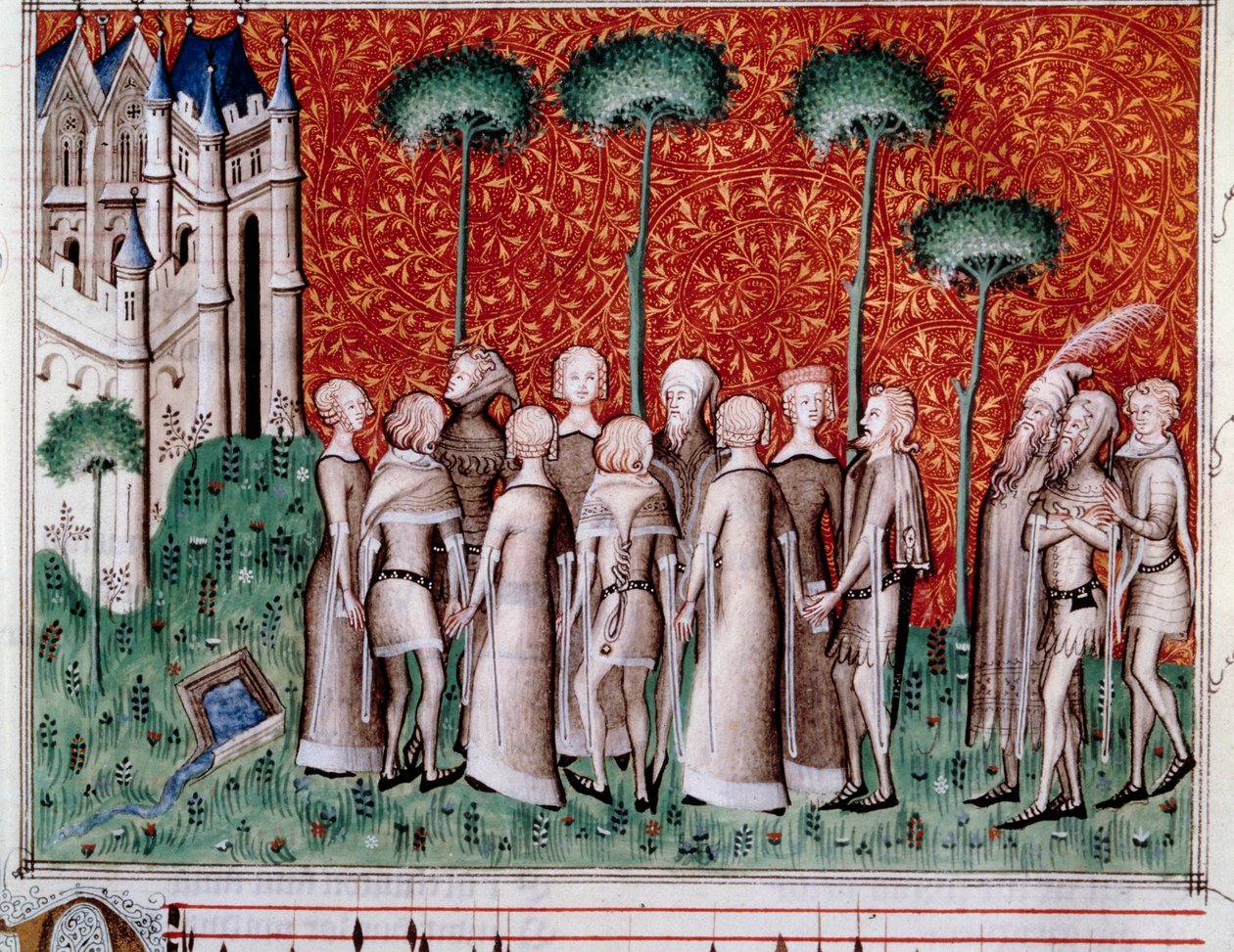 Machaut odnajduje swoją panią. Miniatura z partytury w „Remede de Fortune” (Folio 51) Guillaume de Machaut (t. 1300-1377), ok. 1350-1355. autorstwa Unknown artist