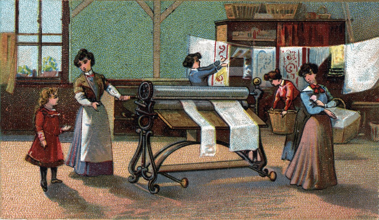 Maszyna do prasowania. (prasowanie). Chromolitografia z końca XIX wieku. autorstwa Unknown artist