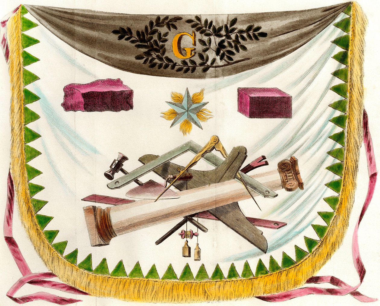 Fartuch Macon frank przedstawiający fartuch zdobiący symbole wolnego słońca. Rycina XIX-wieczna kolekcja prywatna autorstwa Unknown artist
