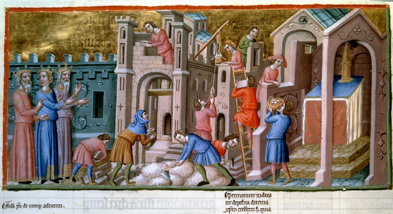 Maconowie, kamieniarze i robotnicy na placu budowy miniaturowego miasta z XIV wieku „Psałterz Canterbury”. B.N. Paryż autorstwa Unknown artist