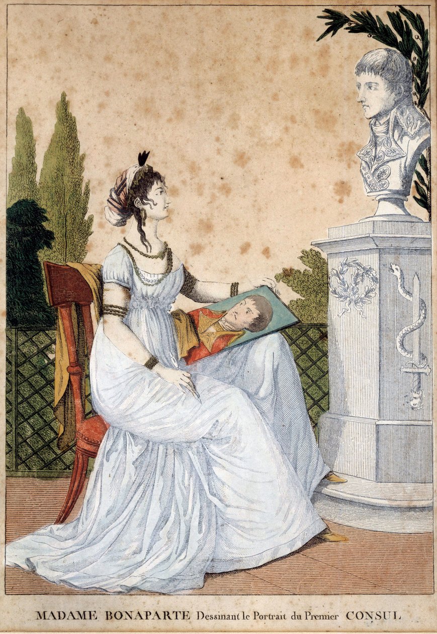 Madame Bonaparte rysuje portret Pierwszej Konsul Josephine de Beauharnais (1763-1814) przed popiersiem swojego męża Napoleona Bonaparte (1769-1821). Anonimowy nadruk. 1799-1804. Słońce 0,24x0,17 m Malmaison, musee du chateau autorstwa Unknown artist