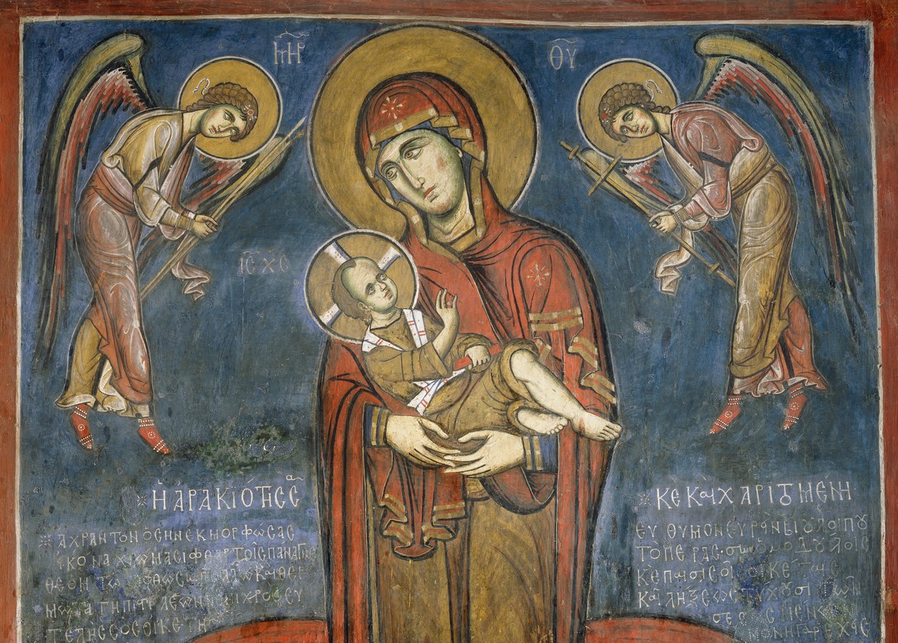 Madonna z Dzieciątkiem między Archaniołami, fresk (1192), kościół Panagia Tou Araka (Kościół Matki Bożej Grochowej) (Lista Światowego Dziedzictwa UNESCO, 2001), Lagoudera, góry Troodos, Cypr autorstwa Unknown artist