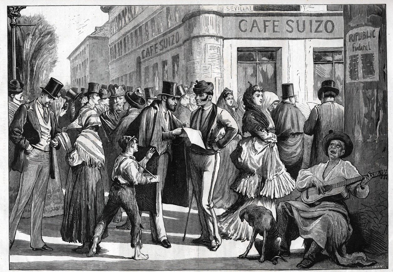 Madryt w 1873 roku. Spacery na rogu ulic Sewilli i Alcala. Grawerowanie z 1873 roku. autorstwa Unknown artist