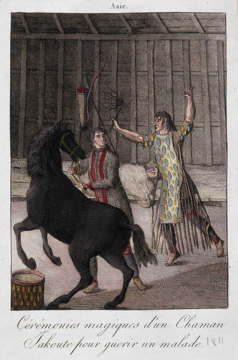 Magiczna ceremonia szamana Yakoute (Jakoute) uzdrowienia chorego (Syberia) - rycina, deb. 19 wiek autorstwa Unknown artist