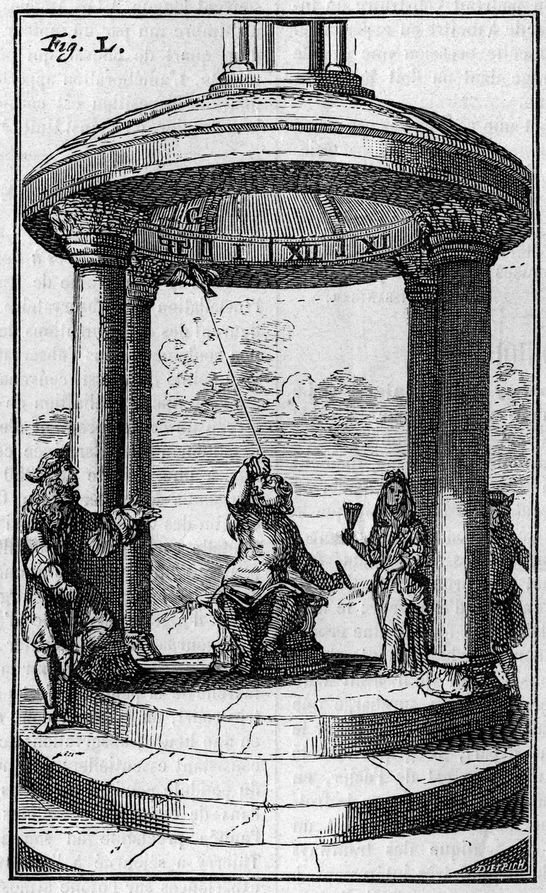 Zegar magnetyczny według Dalence (1687). Grawer w „”Nature: przegląd nauk i ich zastosowań w sztuce i przemyśle”” z dnia 7 września 1895 r. autorstwa Unknown artist