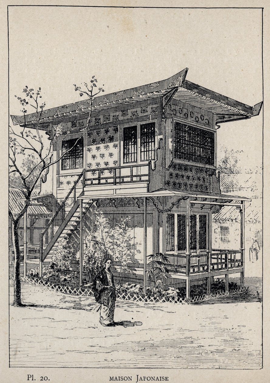 Dom japoński (dom japoński) - rycina z 1889 r. w „Historia zamieszkiwania ludzi na Wystawie Powszechnej 1889 r., p. Charles GARNIER - Librairie centrale des beaux-arts Paris 1889 autorstwa Unknown artist
