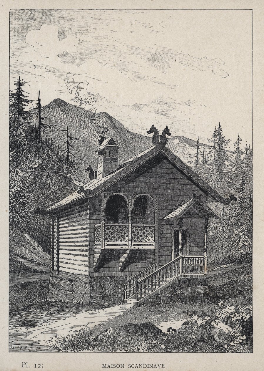Maison Scandinavian (Dom Skandynawski) - rycina z 1889 r. w „Historia zamieszkiwania ludzi na Wystawie Powszechnej z 1889 r., autorstwa Charlesa GARNIERA - Librairie centrale des beaux-arts Paris 1889 autorstwa Unknown artist