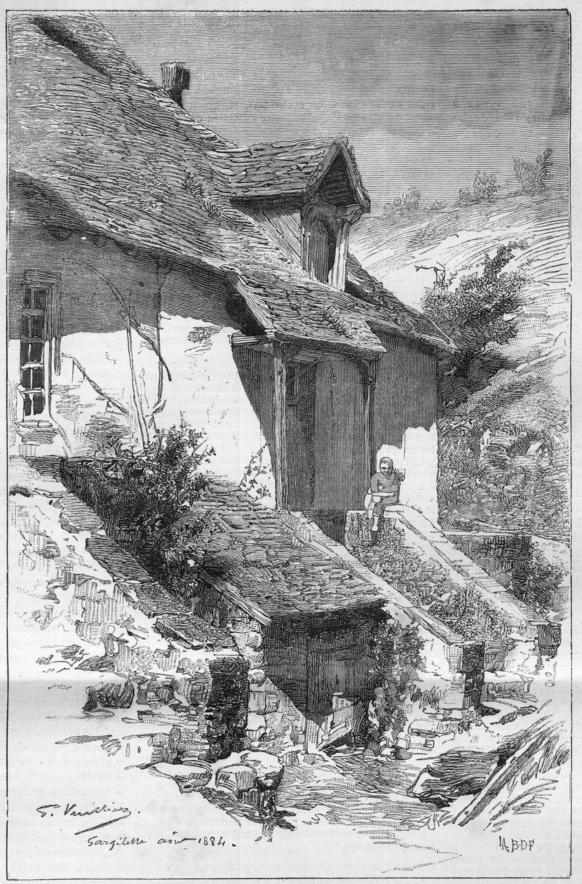 Dom George Sand (Aurore Dupin, Baronne Dudevant) (1804-1876), francuskiej pisarki, w Gargilesse (Indre) nad brzegiem Creuse we Francji. Grawerowanie w ""Wspaniałym Świecie"" autorstwa Unknown artist