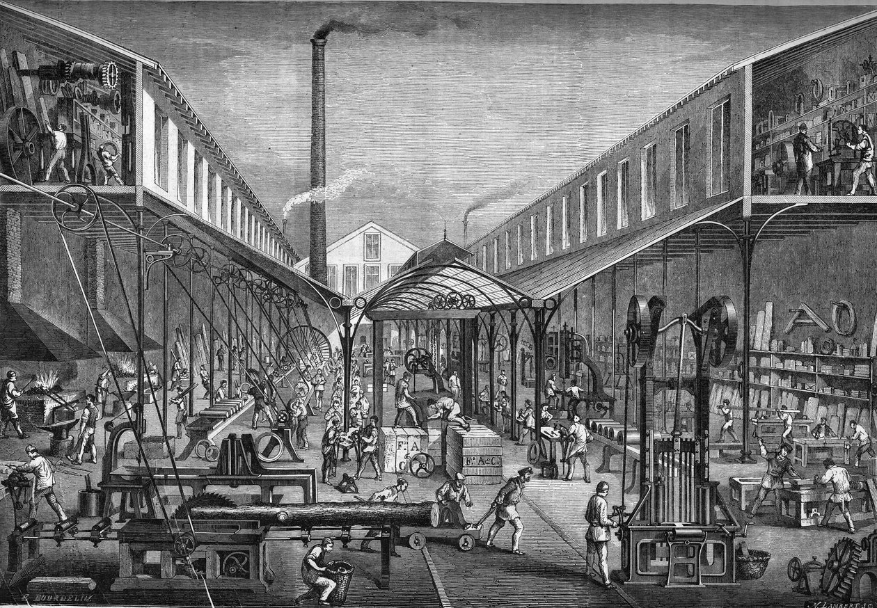 Główne gałęzie przemysłu w XIX wieku: warsztaty budowlane dla tartaków i obrabiarek, od M. Arbey do Paryża w 1865 roku. autorstwa Unknown artist