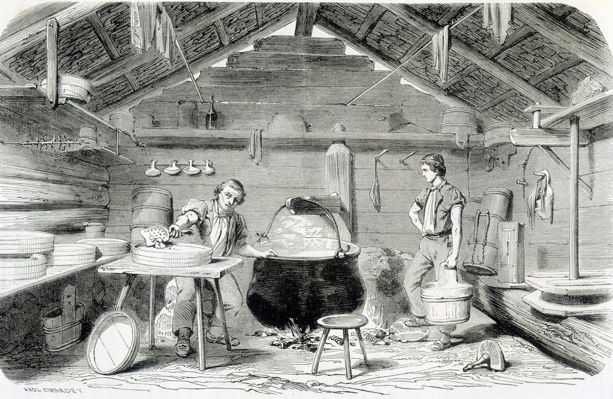 Robienie sera Gruyère w szwajcarskiej chacie, czyli serowarni w Alpach – w „Cuda przemysłu” Louisa Figuiera autorstwa Unknown artist
