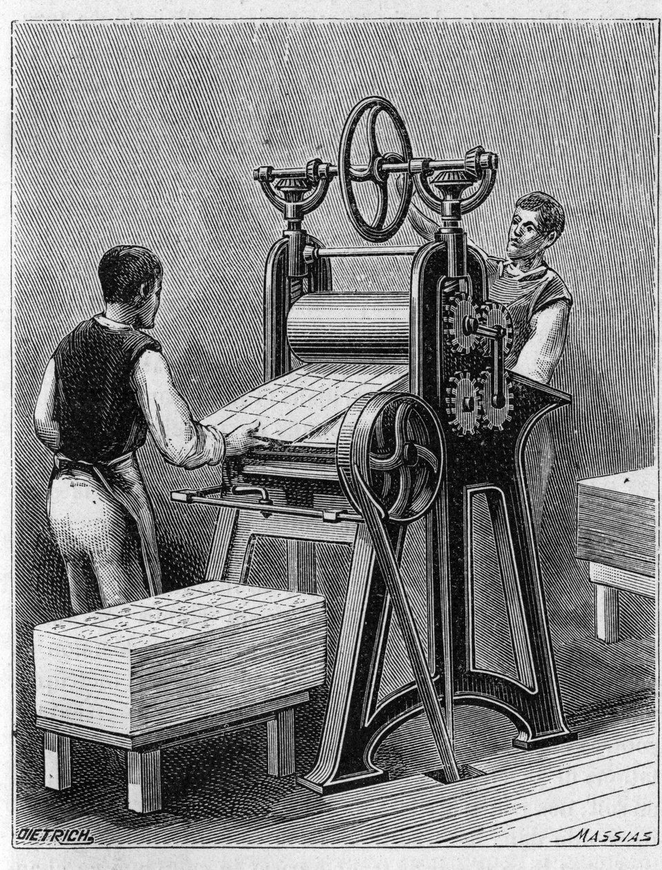 Robienie kart do gry starymi metodami. Cylinder kart do gry. Grawerowanie z 1893 roku. autorstwa Unknown artist