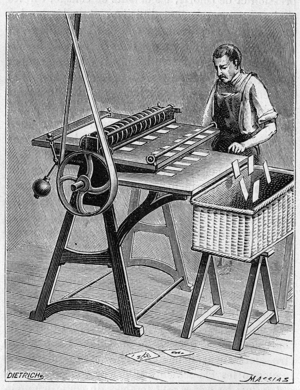 Robienie kart do gry starymi metodami. Decoupage kart do gry. Grawerowanie z 1893 roku. autorstwa Unknown artist