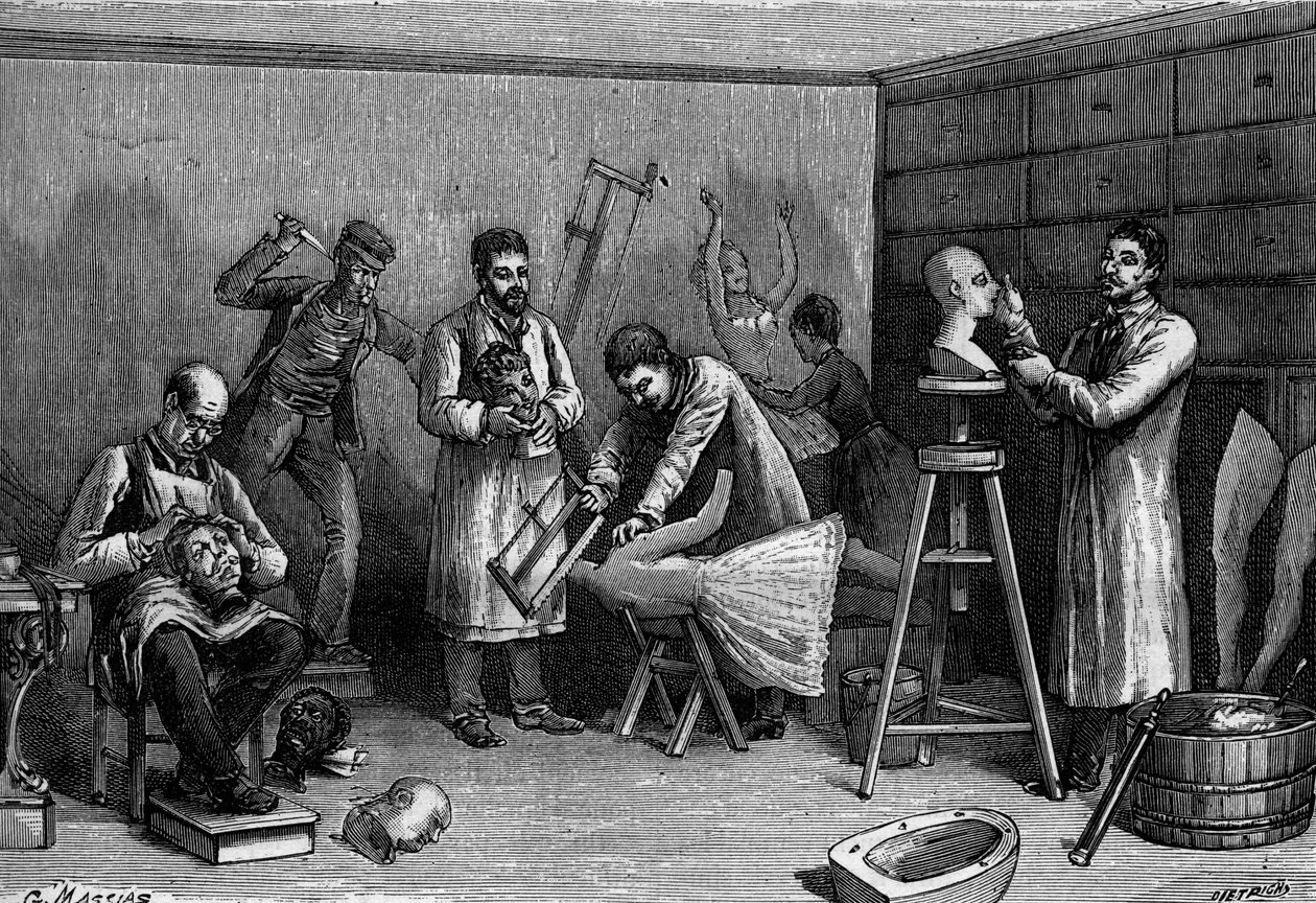 Wykonywanie figur woskowych w Musee Grevin w Paryżu. Rycina w „Przyrodzie: przegląd nauk i ich zastosowania w sztuce i przemyśle” z dnia 21 kwietnia 1894 r. autorstwa Unknown artist