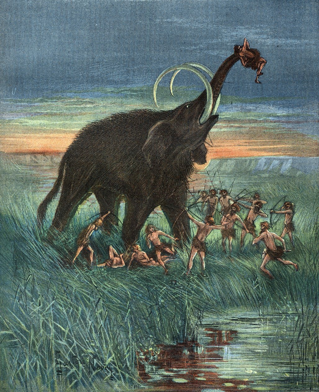 Scena polowania na mamuty, epoka kamienia. autorstwa Unknown artist