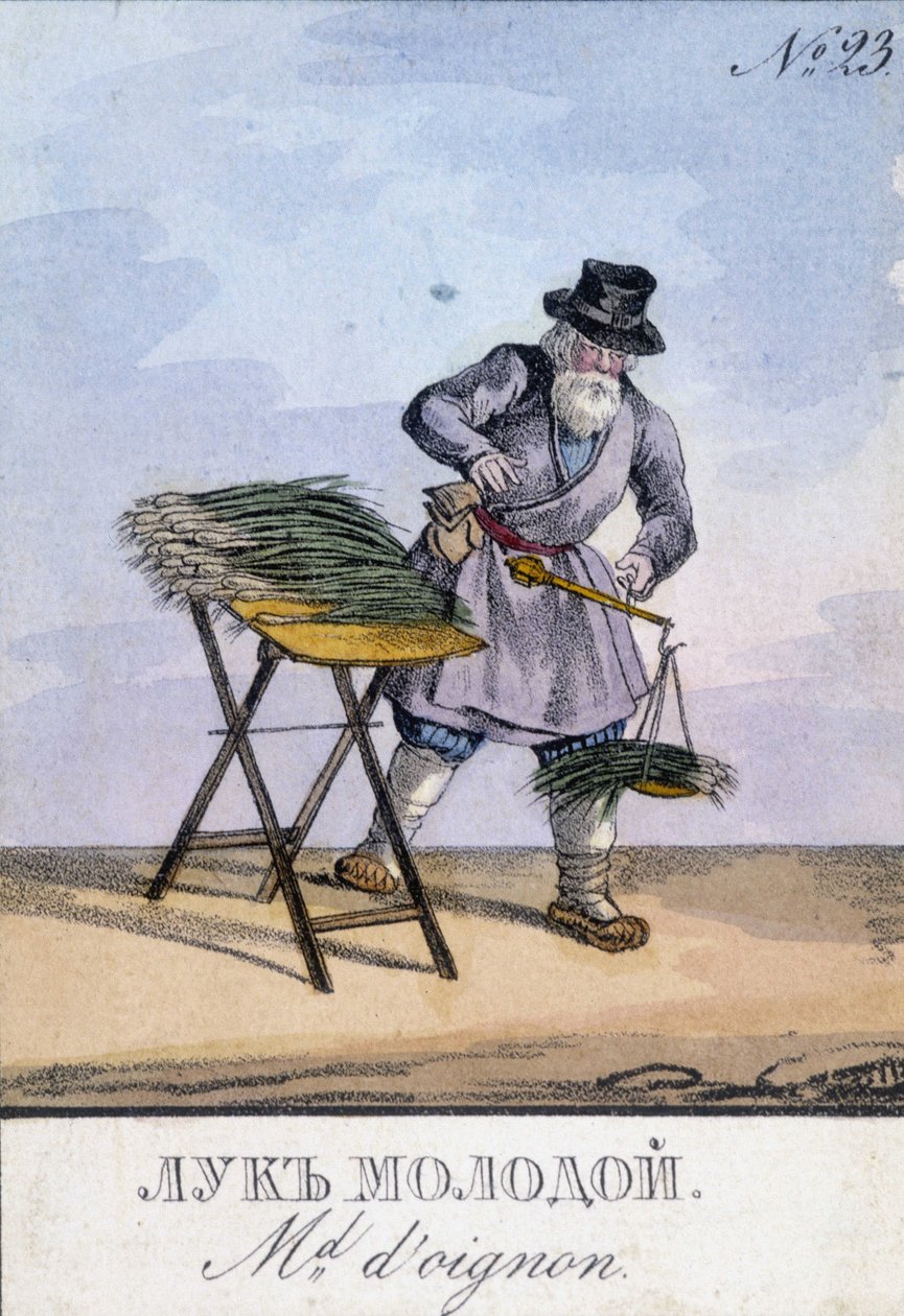 Mężczyzna ważenia cebuli w wadze wiszącej na pasku. Ilustracja XIX wieku. Rycina XIX wieku autorstwa Unknown artist