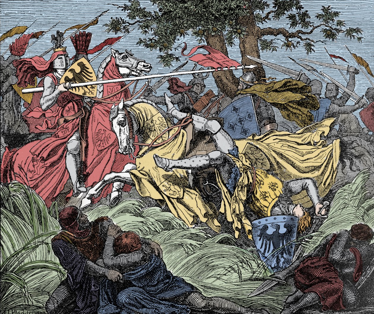 Manfred zabity w bitwie - Bitwa pod Benewentem (26 lutego 1266): śmierć Manfreda I (Hohenstaufena) autorstwa Unknown artist