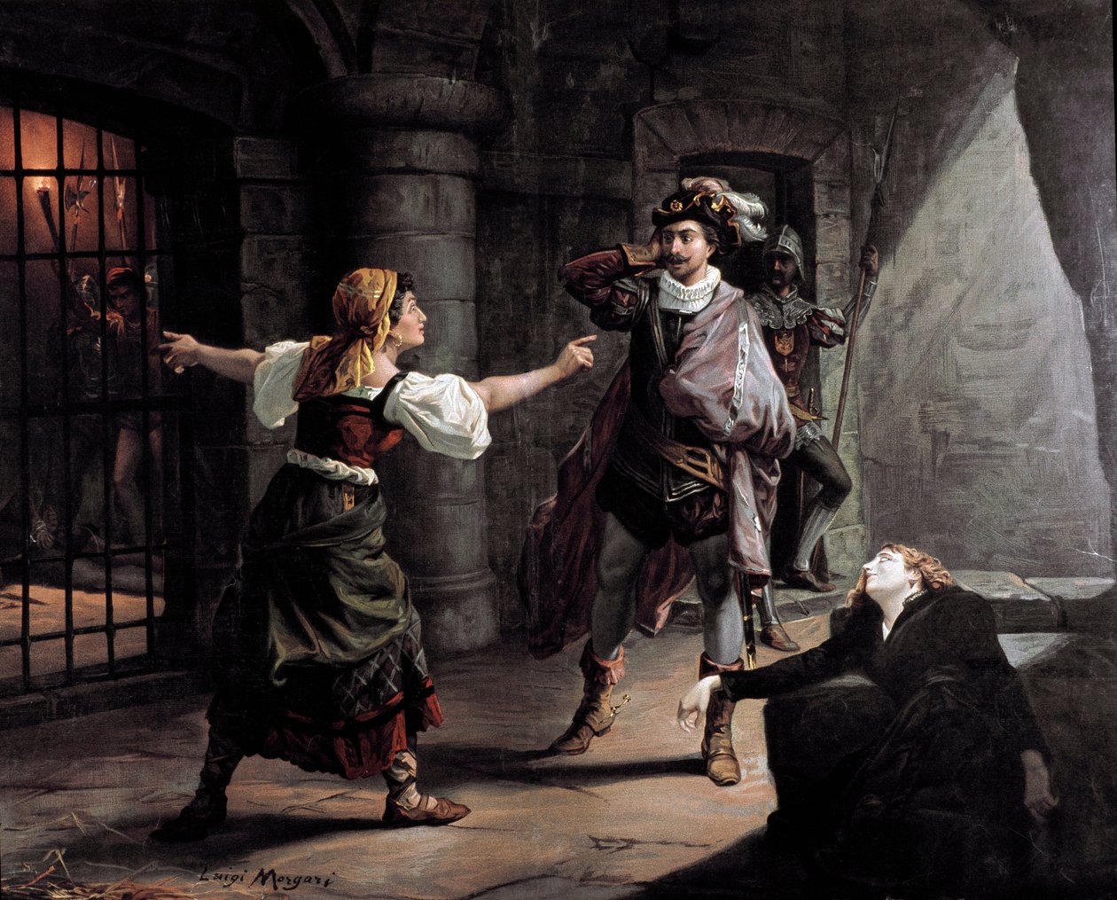 Manrico i Azucena są uwięzieni w twierdzy Aliaferia Palace, Leonora próbuje ich uratować Ilustracja do „”Znaleziska”” (Il trovatore) autorstwa Giuseppe Verdiego (1813-1901). Litografia około 1880 r. Kolekcja prywatna autorstwa Unknown artist