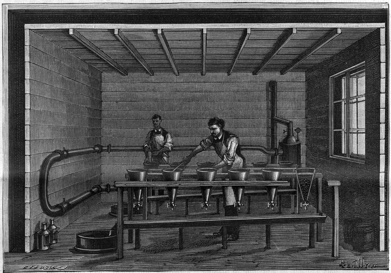 Produkcja wazeliny. Układ jednostki filtracyjnej na czarnym zwierzęciu. Grawerowanie z 1885 roku. autorstwa Unknown artist