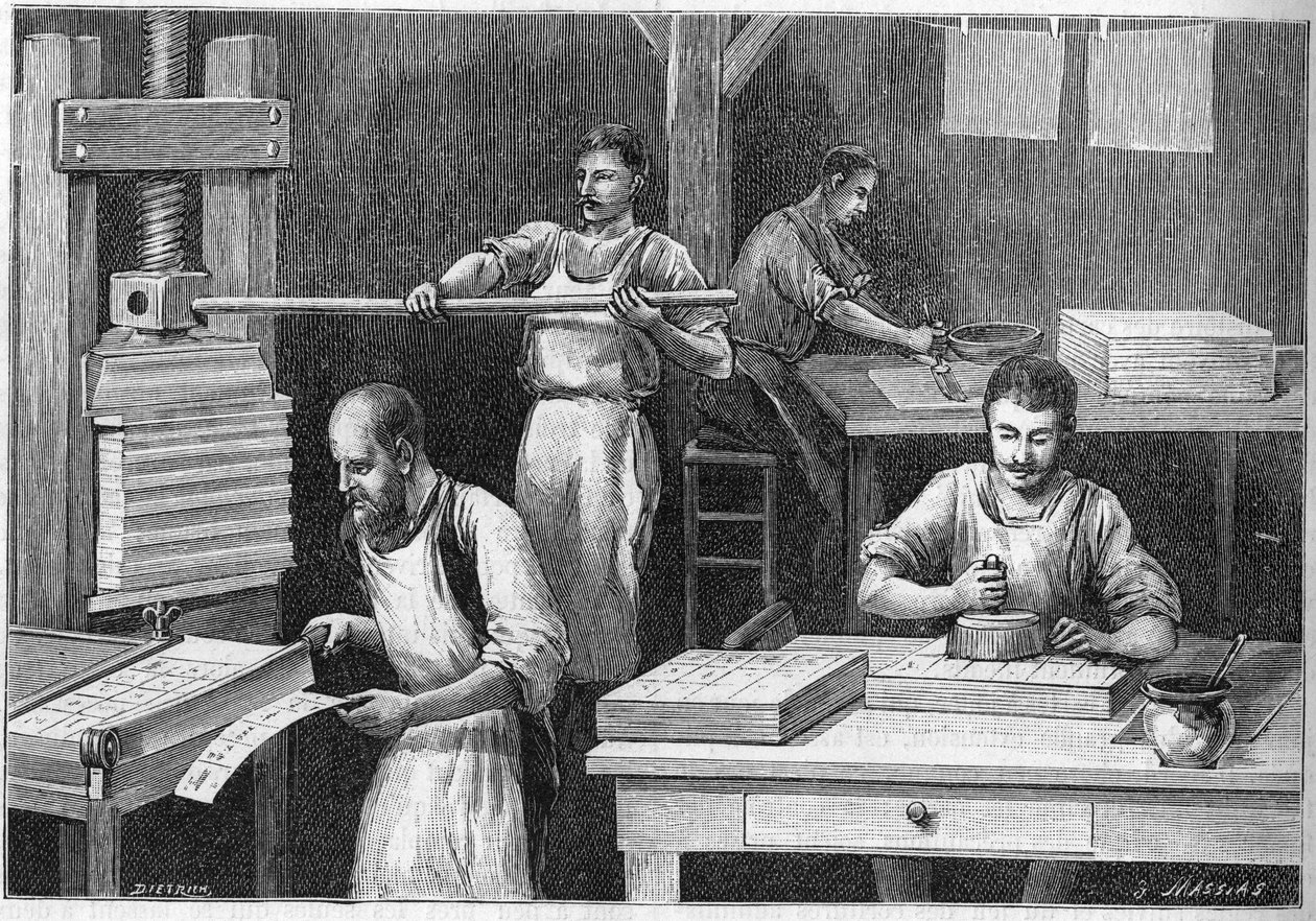 Produkcja kart do gry starymi metodami. autorstwa Unknown artist