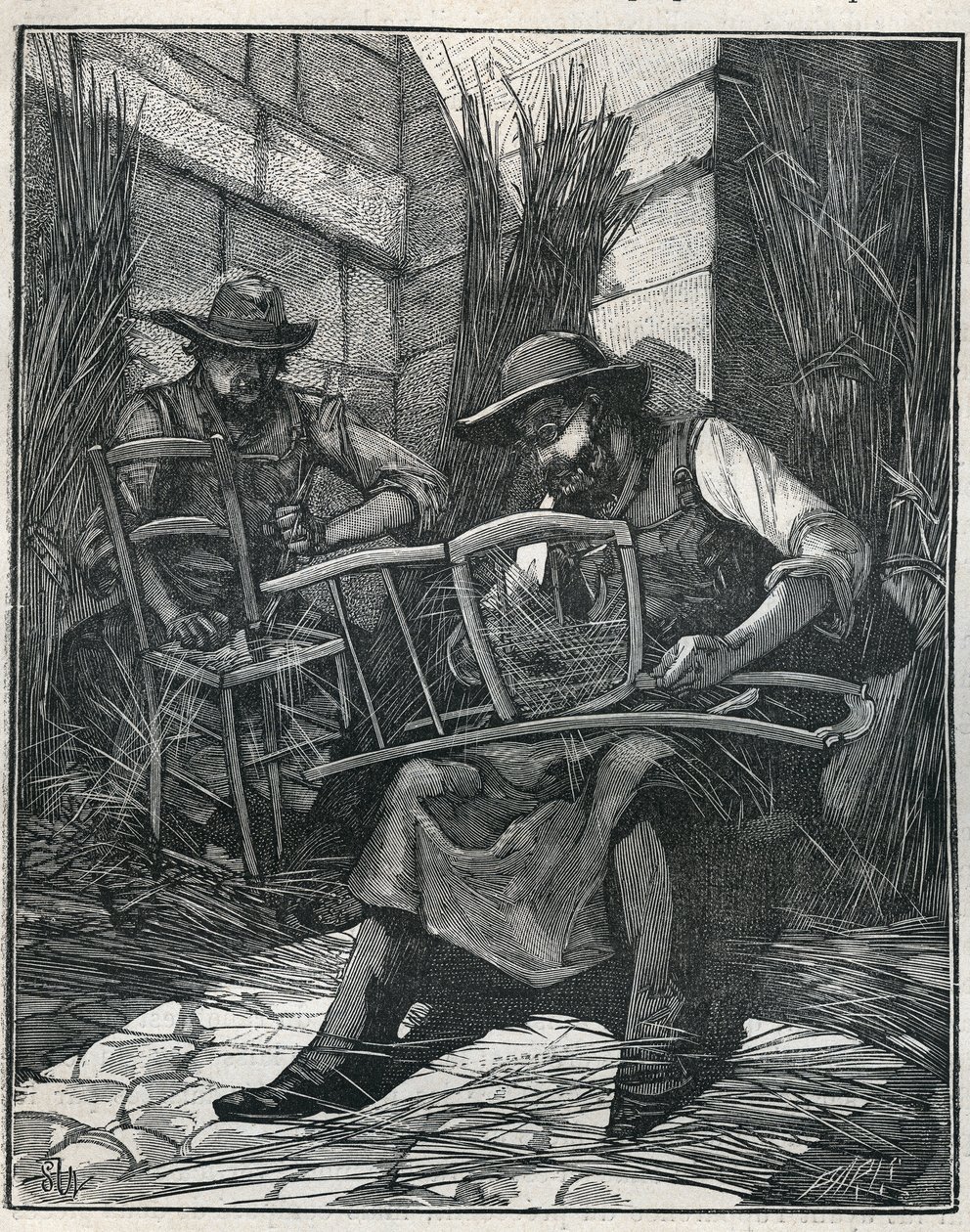 Produkcja krzeseł: ściółkowanie i kantowanie krzeseł. Grawer z 1885 roku w „Les arts et metiers illustres” Adolphe BITARD. autorstwa Unknown artist