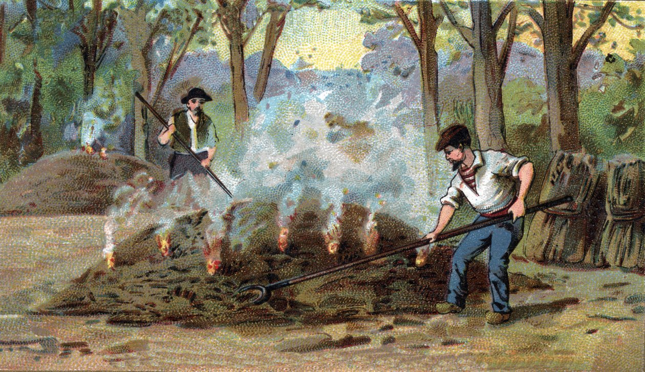 Produkcja węgla drzewnego, piec do spalania. Chromolitografia z końca XIX wieku autorstwa Unknown artist