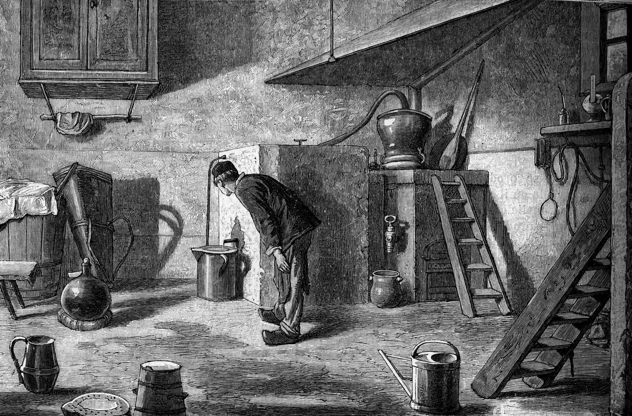 Manufaktura kirschu: destylacja, zamek Isenberg w Alzacji. Grawerowanie w „” Le Journal de la jeunesse”” autorstwa Unknown artist