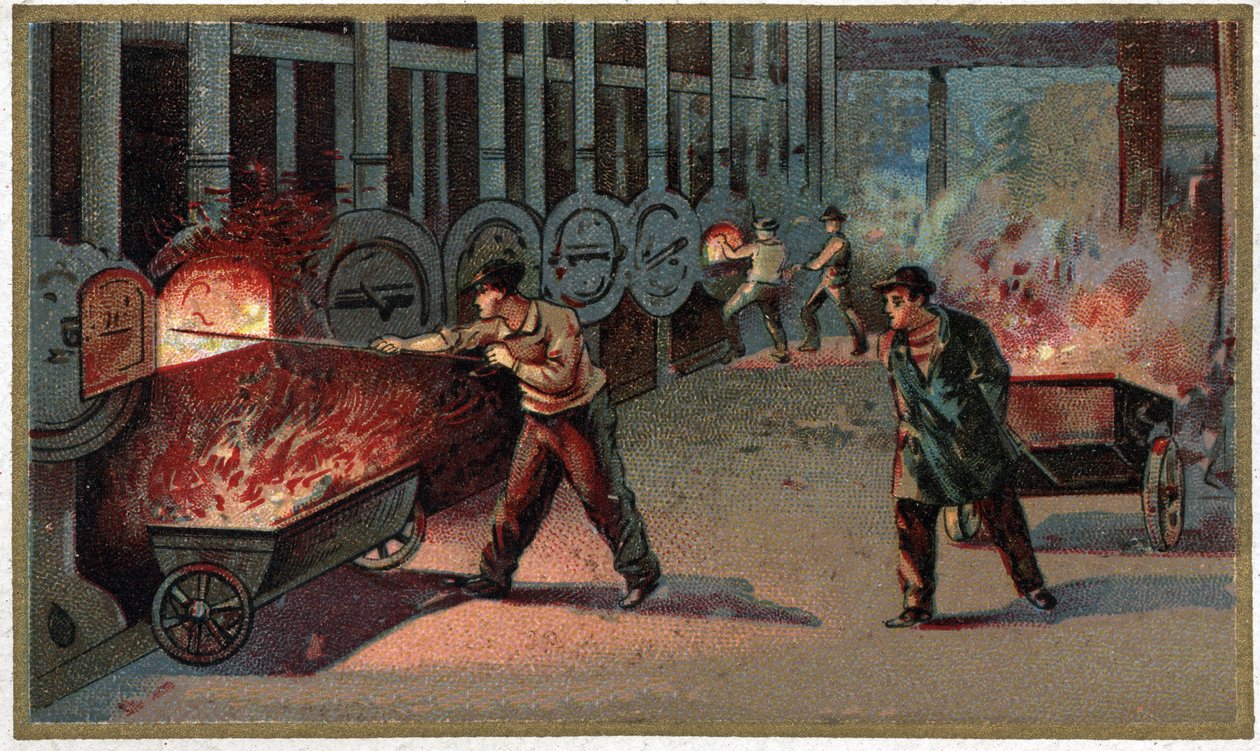 Produkcja gazu oświetleniowego: załadunek kukurydzy. Chromolitografia z końca XIX wieku autorstwa Unknown artist