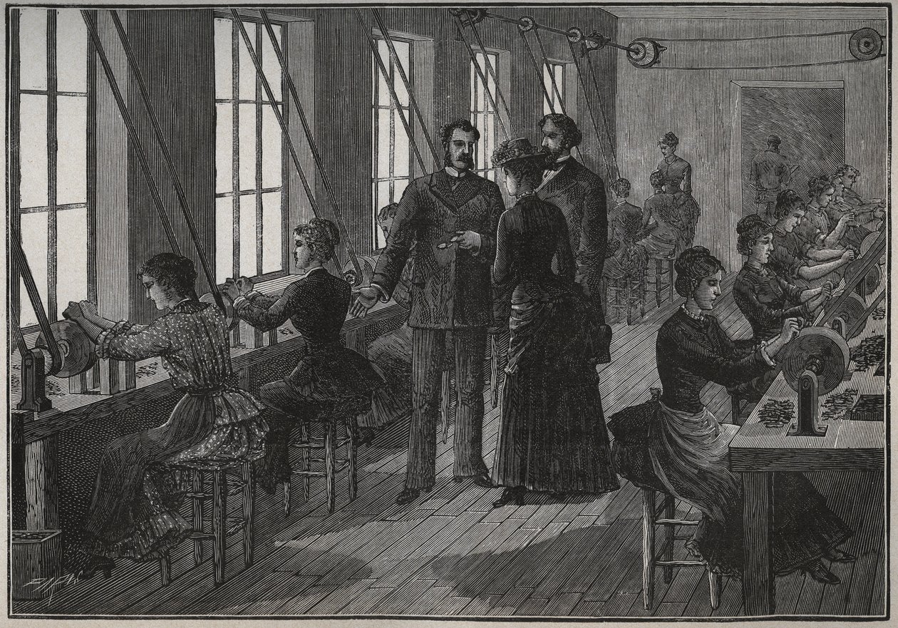 Sztućce: wioślarze otaczają krzesło Marie de Rabutin-Chantal (Rabutin Chantal), markizy de Sevigne dit Madame de Sevigne (1626-1696), aby sprzedawać mu noże, gdy przybył do Nogent (Haute Marne) w 1675 r. Rycina z 1885 r. „” Les arts et metiers il autorstwa Unknown artist