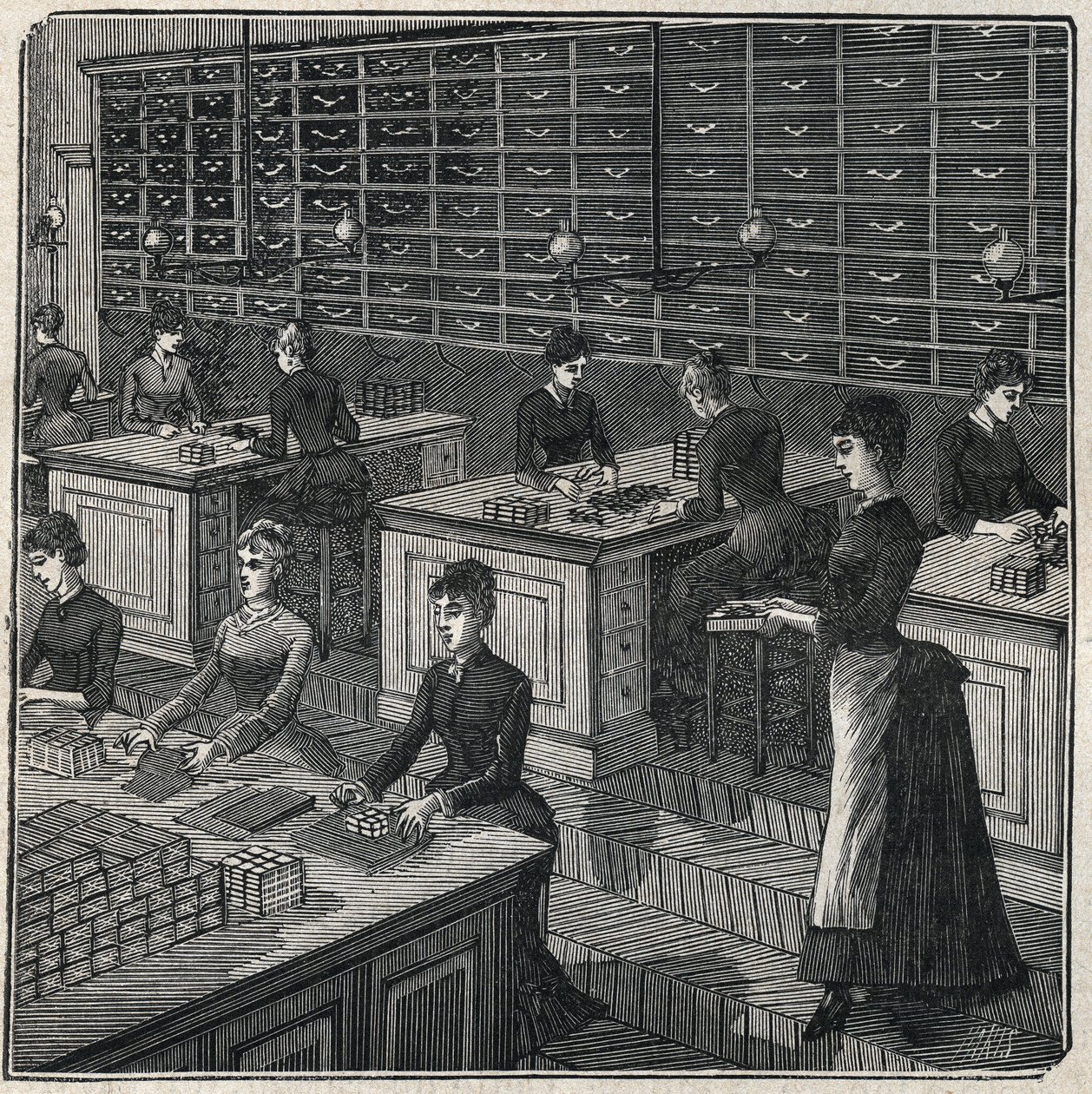 Produkcja piór metalowych: sortowanie i pakowanie piór w fabryce we Francji w XIX wieku. Grawer z 1885 roku w „Les arts et metiers illustres” Adolphe BITARD. autorstwa Unknown artist