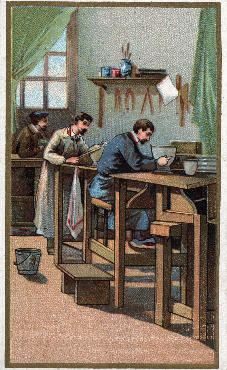 Produkcja porcelany: toczenie. Chromolitografia z końca XIX wieku autorstwa Unknown artist