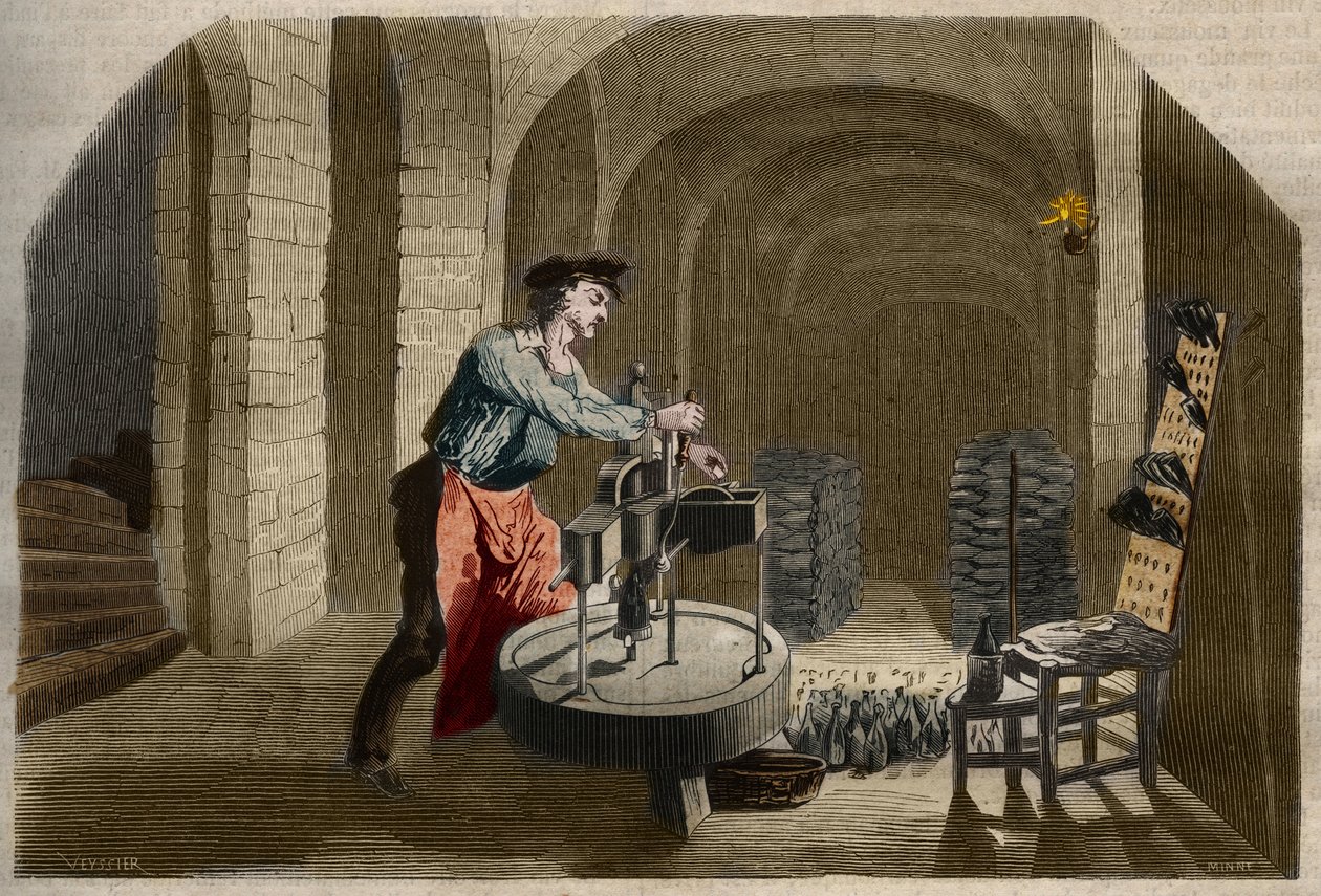 Produkcja szampana musującego: rozlewarka używana w piwnicy. Grawerunek z 1858 roku w „Le Musee Des Sciences”” autorstwa Unknown artist