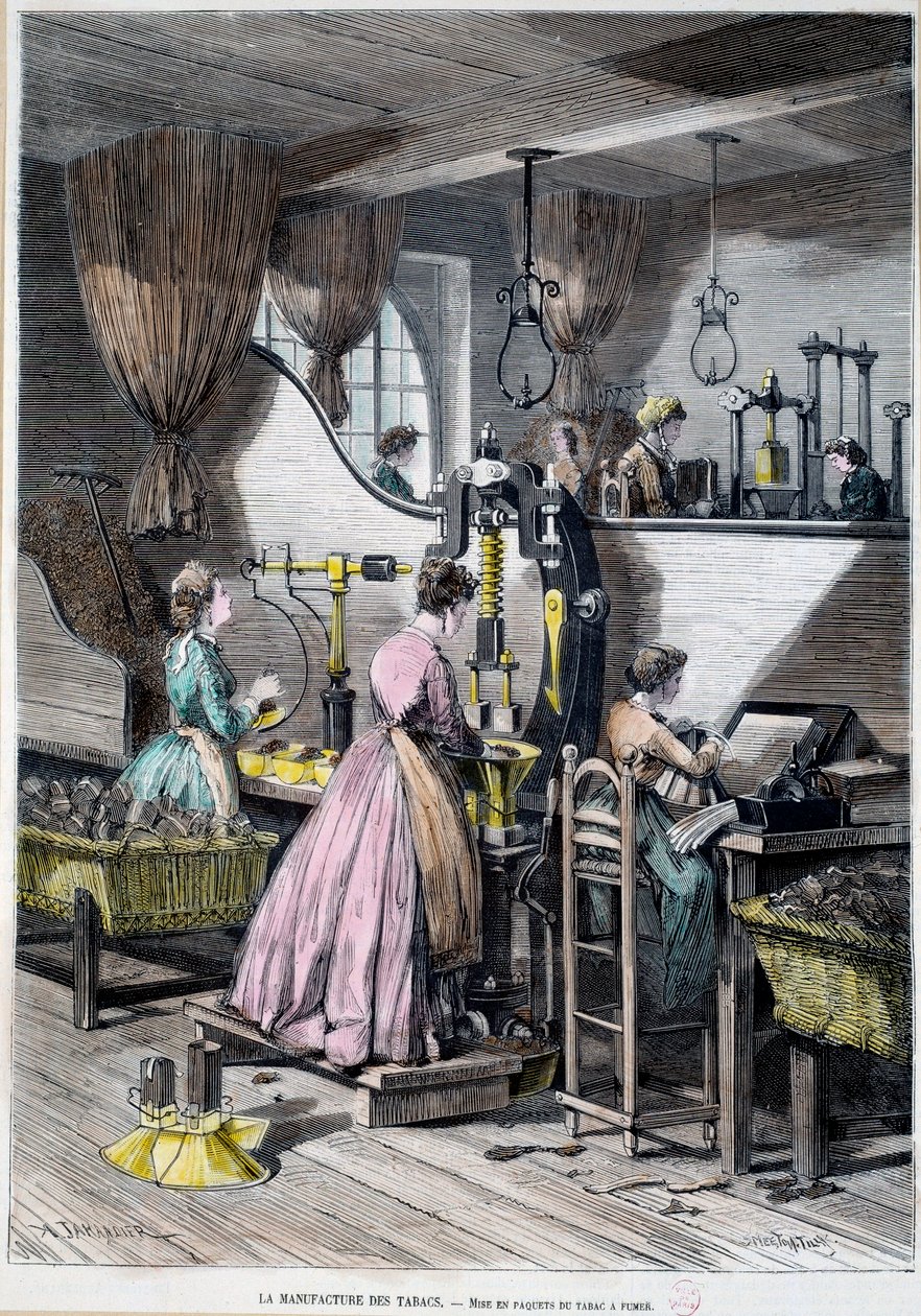 Produkcja tytoniu, pakowanie tytoniu do palenia. Litografia 1867 Paryż, Musee Carnavalet autorstwa Unknown artist