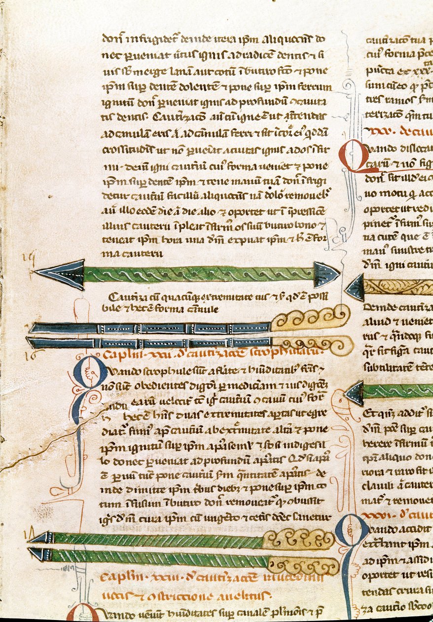 Strona rękopisu „Chirurgia” (MS. LAT.VII XXXII-3023) autorstwa Guillaume de Salicet (Guglielmo da Saliceto) (1207-1270) mnicha i lekarza. XIV-wieczna Biblioteca Marciana Wenecja autorstwa Unknown artist