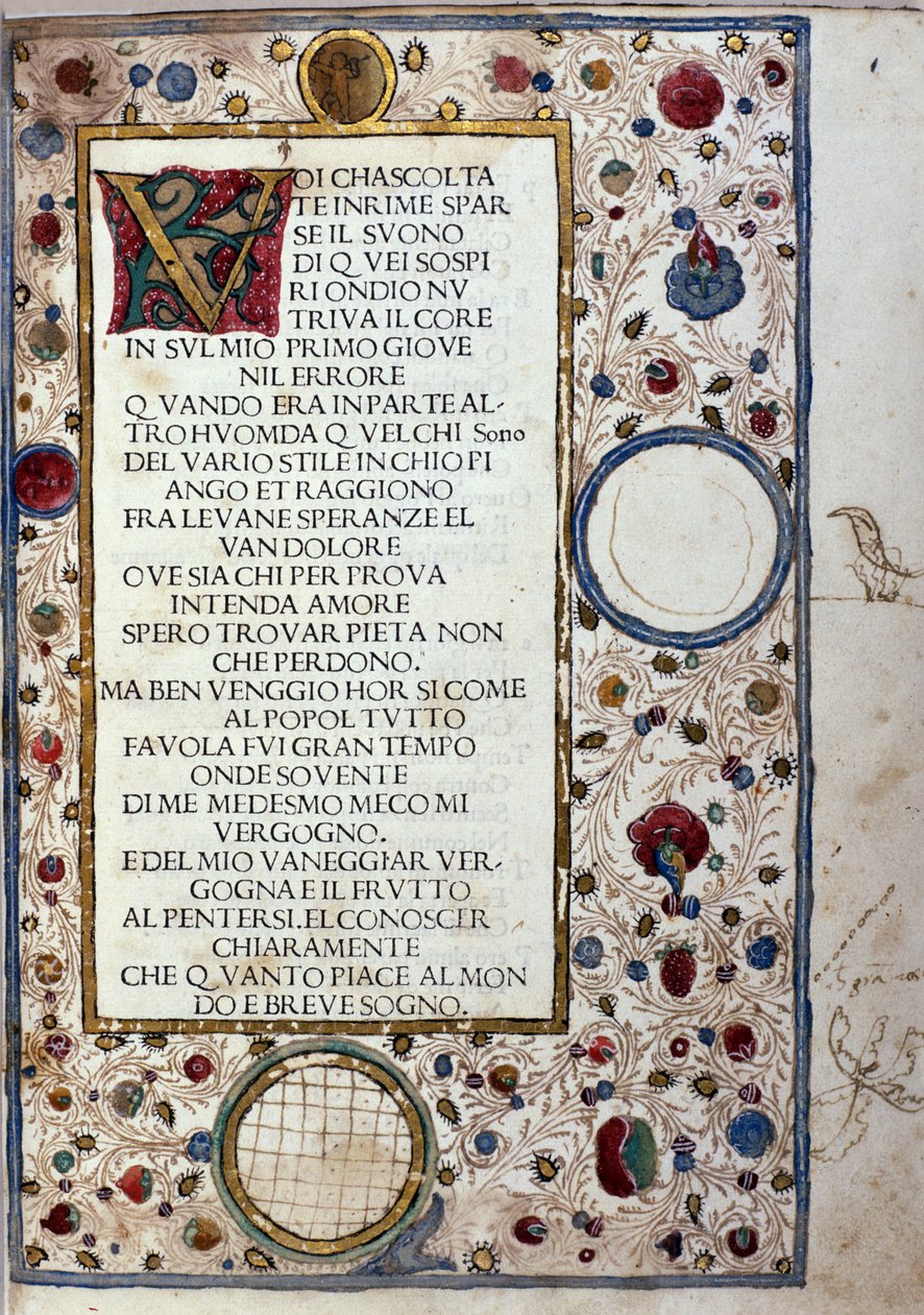 Strona rękopisu „Il Canzoniere” autorstwa Francesco Petrarca (Petrarca) (1304-1374) 1493 autorstwa Unknown artist