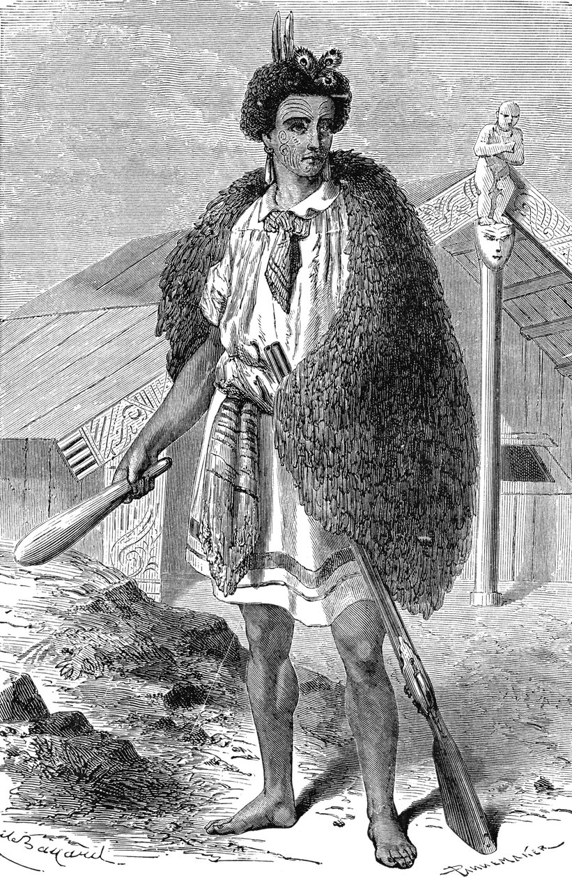 Maoryski szef kuchni w okolicach AUCKLAND w Nowej Zelandii. Grawerowanie 1885 autorstwa Unknown artist
