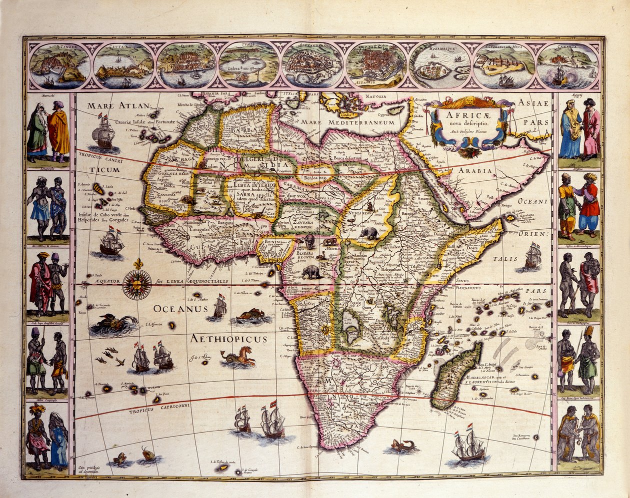 Mapa Afryki z Atlasu Williama Blaeu. Na szczycie znajdują się miasta Tanger, Ceuta, Algier, Tunis, Aleksandria, Alcair, Mozambik, Saint Georges de la Mina, Wyspy Kanaryjskie. Różne wyspy są również reprezentowane poza Afryką, Wyspy Maskareignes, Mada autorstwa Unknown artist