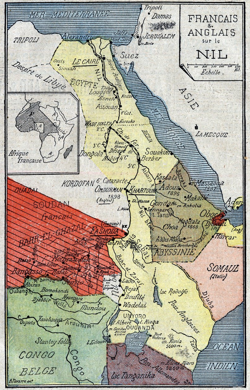 Mapa terytoriów afrykańskich skolonizowanych przez Francuzów i Anglików wzdłuż Nilu. Ilustracja w „Le Pelerin” z 2 października autorstwa Unknown artist