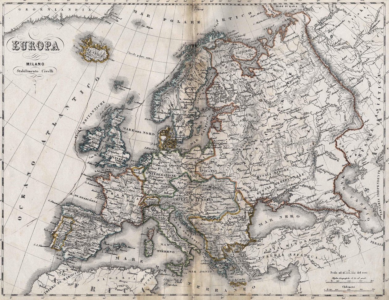 Mapa Europy. Druga połowa XIX wieku. Atlas włoski. Stabilimento Civellego. Mediolan. autorstwa Unknown artist